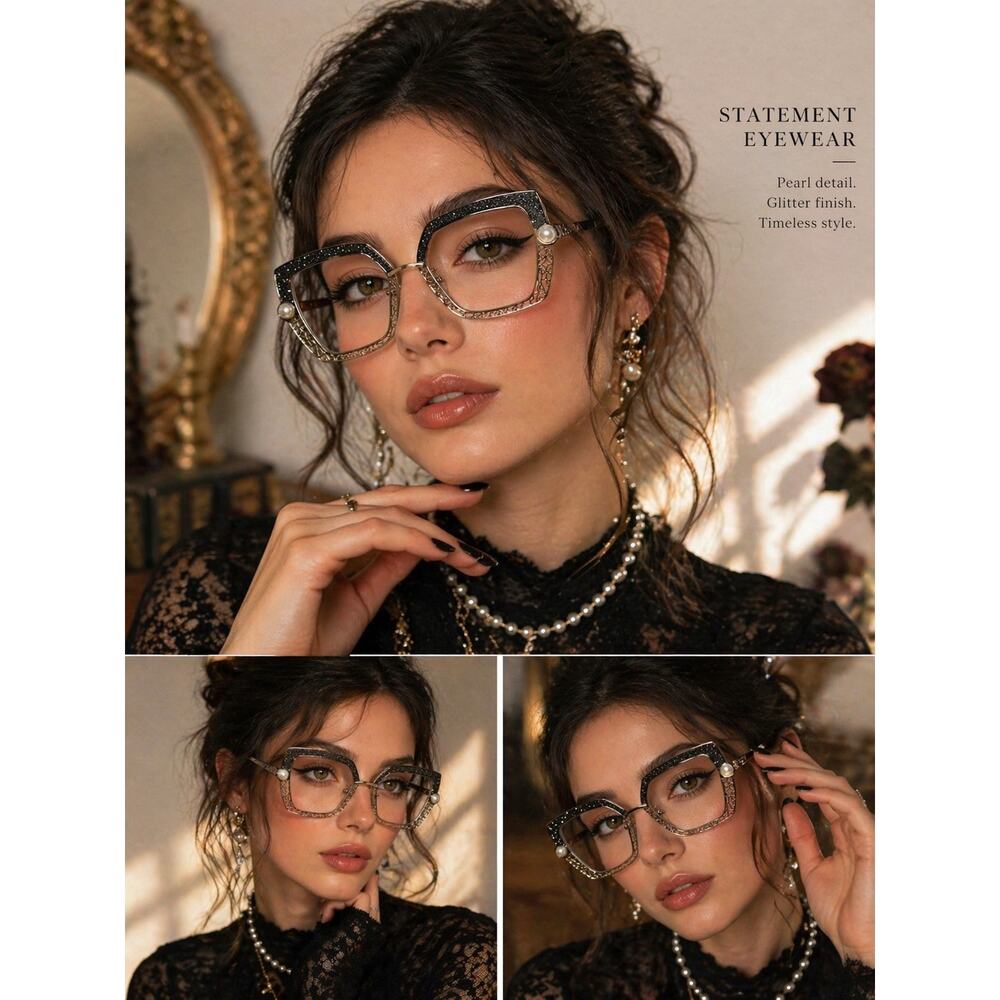 Oversized Square Eyeglasses Pearl Accent Glitter Frame VTG Style Statement Clear